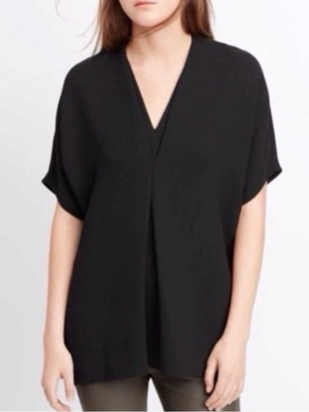 Vince Women’s Black Boxy V-Neck Cap Sleeve Flowy Crepe Blouse Top Size Large